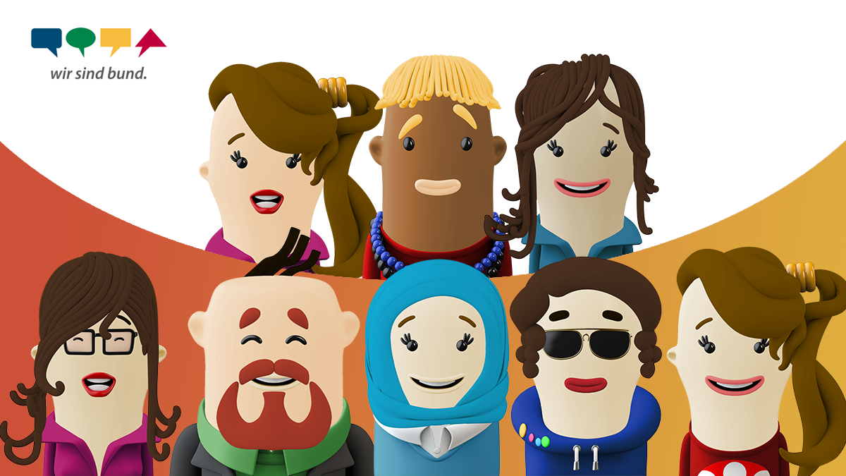 Zwei Reihen aus bunten Figuren. Die obere Reihe aus drei Figuren vor weißem Hintergrund. Auf der linken Seite das BAMF-Logo. Die zweite Reihe aus fünf Figuren vor orange-gelbem Hintergrund. (Quelle: BAMF) Zwei Reihen aus bunten Figuren. Die obere Reihe aus drei Figuren vor weißem Hintergrund. Auf der linken Seite das BAMF-Logo. Die zweite Reihe aus fünf Figuren vor orange-gelbem Hintergrund.