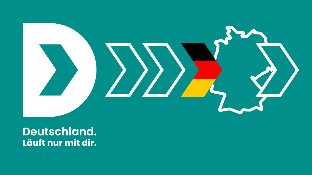 "Deutschland. Läuft nur mit dir." daneben Vorwärtspfeile mit stilisierter Deutschlandkarte. (Quelle: BMI) "Deutschland. Läuft nur mit dir." daneben Vorwärtspfeile mit stilisierter Deutschlandkarte.
