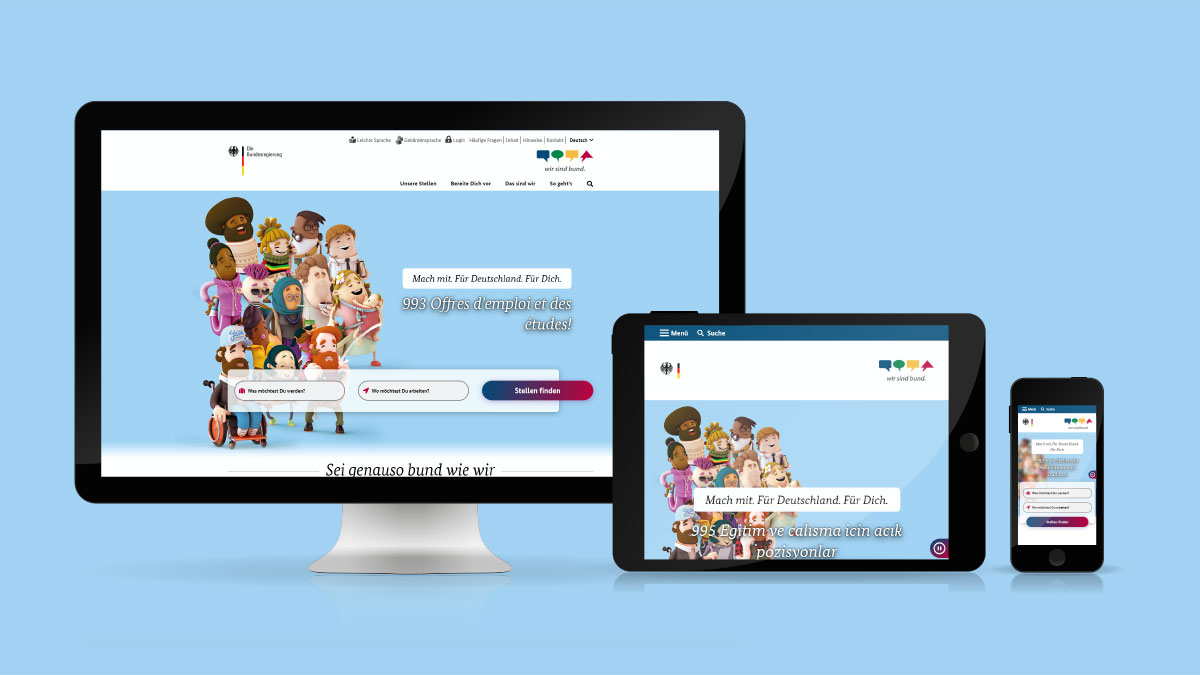 Der Bildschirm eines Monitors, eines Tablets und eines Smartphones zeigen jeweils die Startseite der neuen Website. (Quelle: BAMF) Der Bildschirm eines Monitors, eines Tablets und eines Smartphones zeigen jeweils die Startseite der neuen Website.